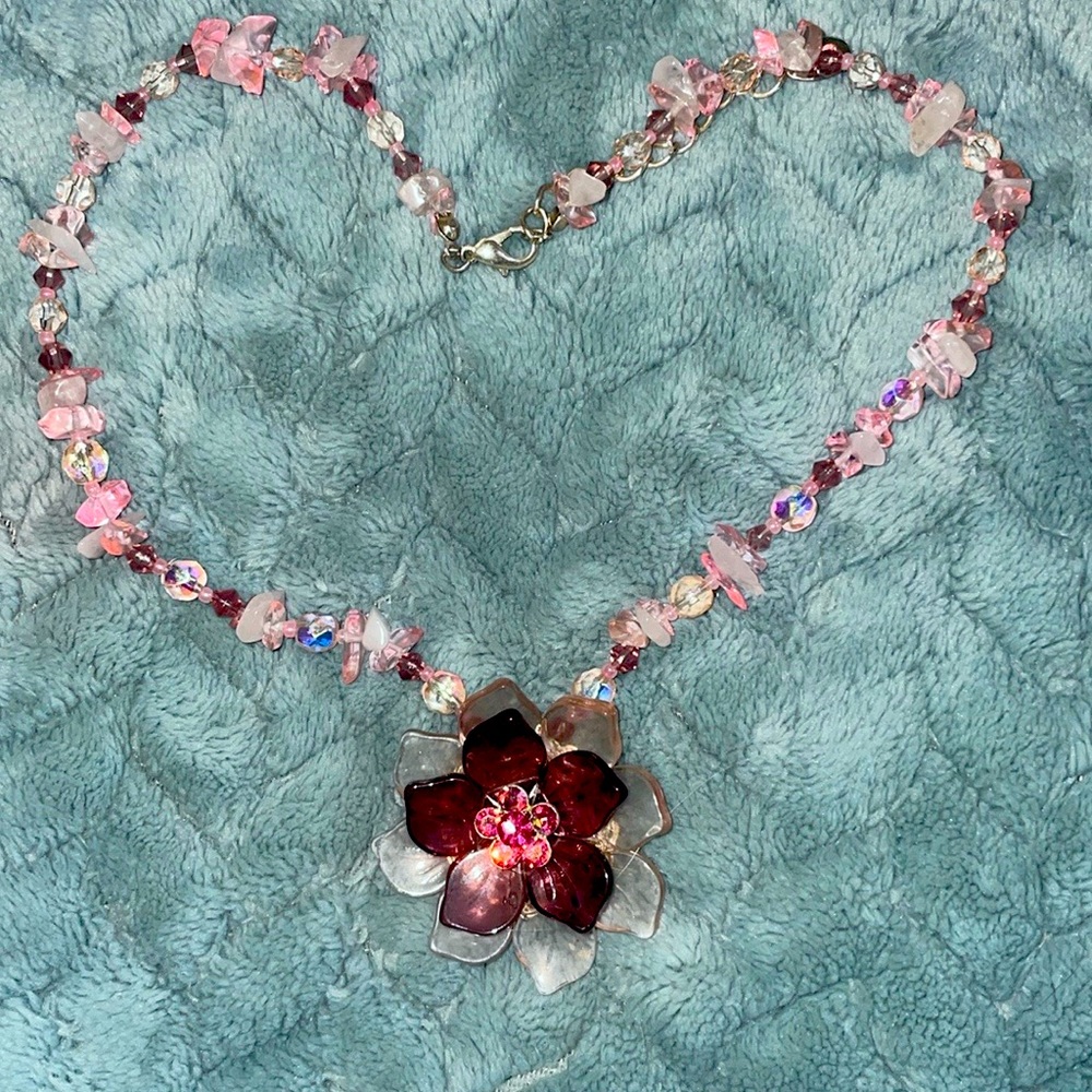 Pink & Purple Silvertone Jewel Choker Flower Bead Charm Statement Necklace